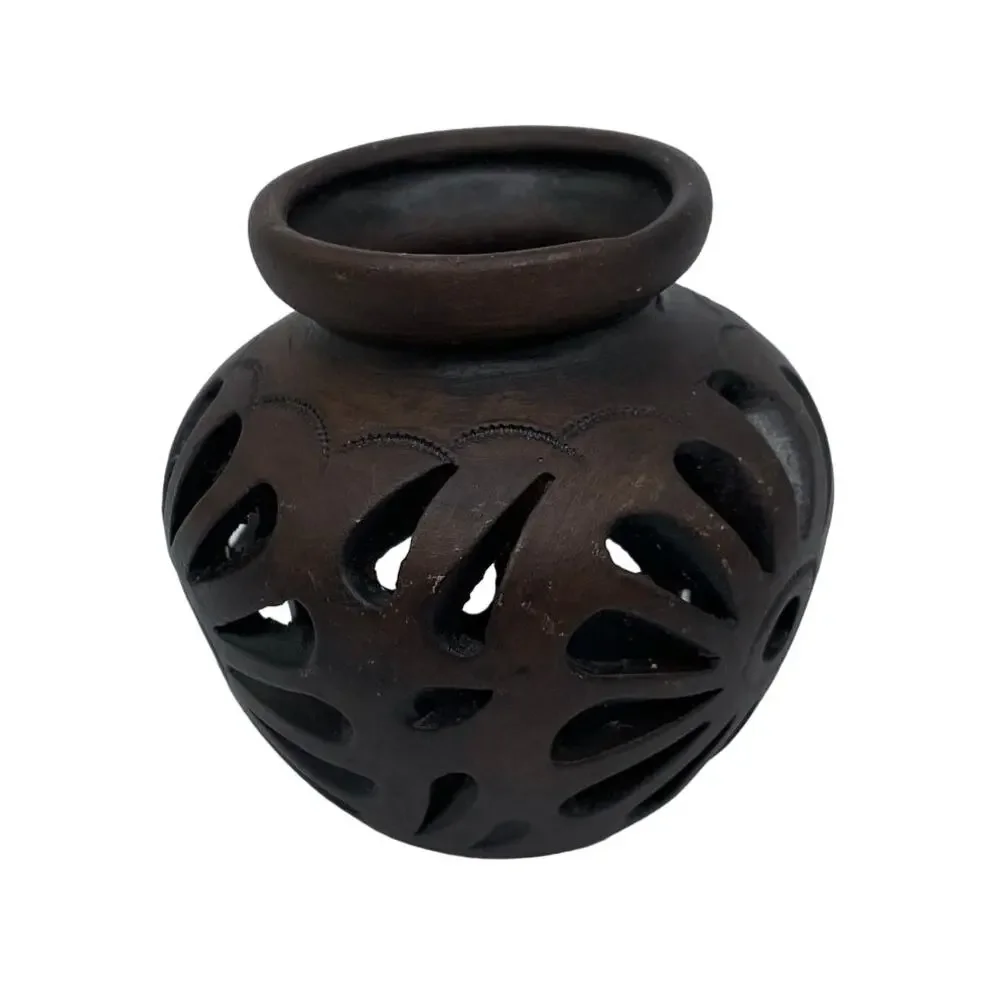 Hand engraved open work floral ceramic vase dark brown	small 3.5
